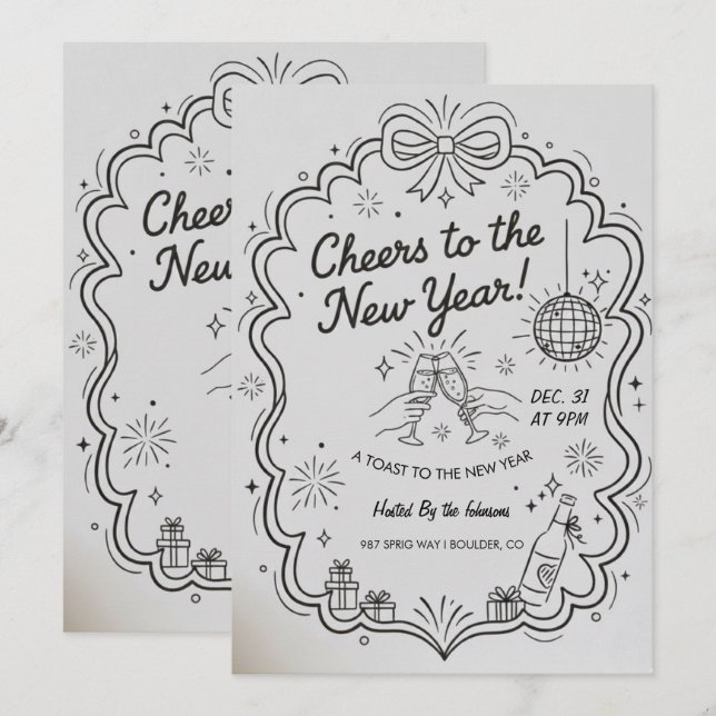 New Year 2026 Party Invitation Printable Inbjudningar (Fram/baksida)