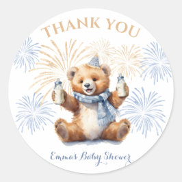 New Year Blue Bear Boy Baby Shower Sticker Runt Klistermärke