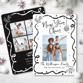 New Year Cheer 5 Photo Black White Hand Drawn Fun Julkort