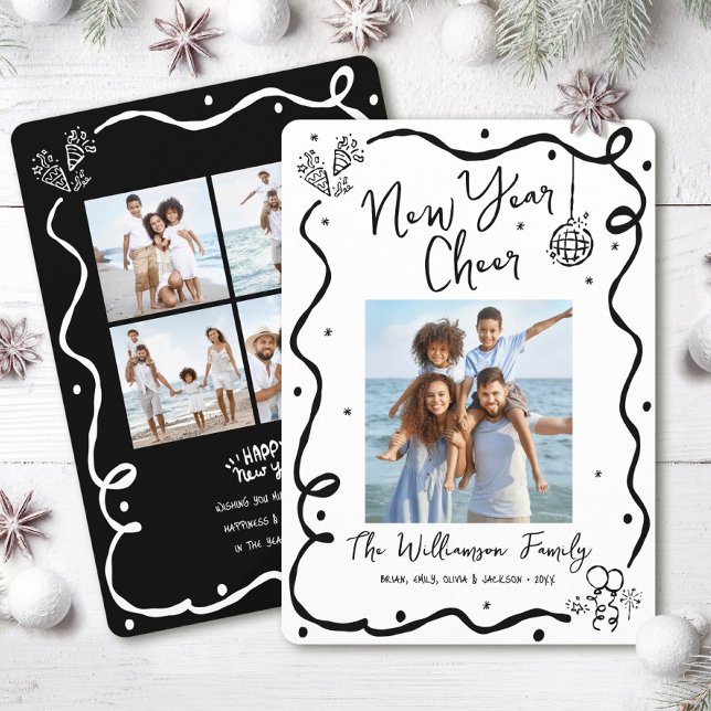 New Year Cheer 5 Photo Black White Hand Drawn Fun Julkort (Skapare uppladdad)