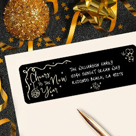 New Year Cheer Black Gold Hand Drawn Art Address Returadress Etikett