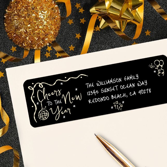 New Year Cheer Black Gold Hand Drawn Art Address Returadress Etikett (Skapare uppladdad)