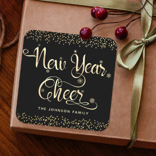 New Year Cheer Black Guld-skript Snowflake Glitter Fyrkantigt Klistermärke
