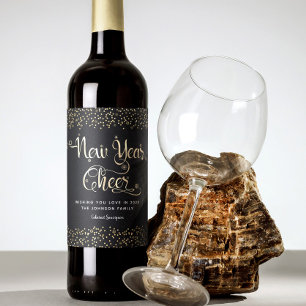 New Year Cheer Black Guld-skript Snowflake Glitter Vinflaska Etikett