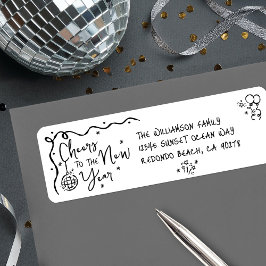 New Year Cheer Black on White Hand Drawn Address Returadress Etikett