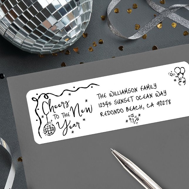 New Year Cheer Black on White Hand Drawn Address Returadress Etikett (Skapare uppladdad)