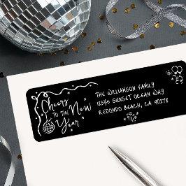 New Year Cheer Black White Hand Drawn Fun Address Returadress Etikett