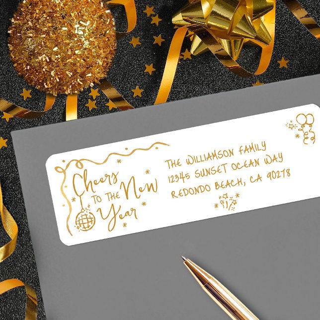 New Year Cheer Gold White Hand Drawn Art Address Returadress Etikett (Skapare uppladdad)