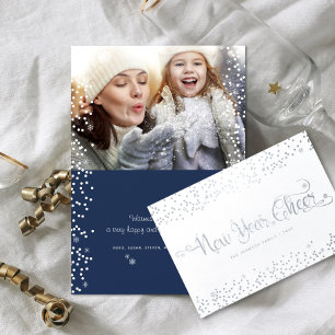 New Year Cheer Photo Snöflingor Script Navy Silver Folierat Kort