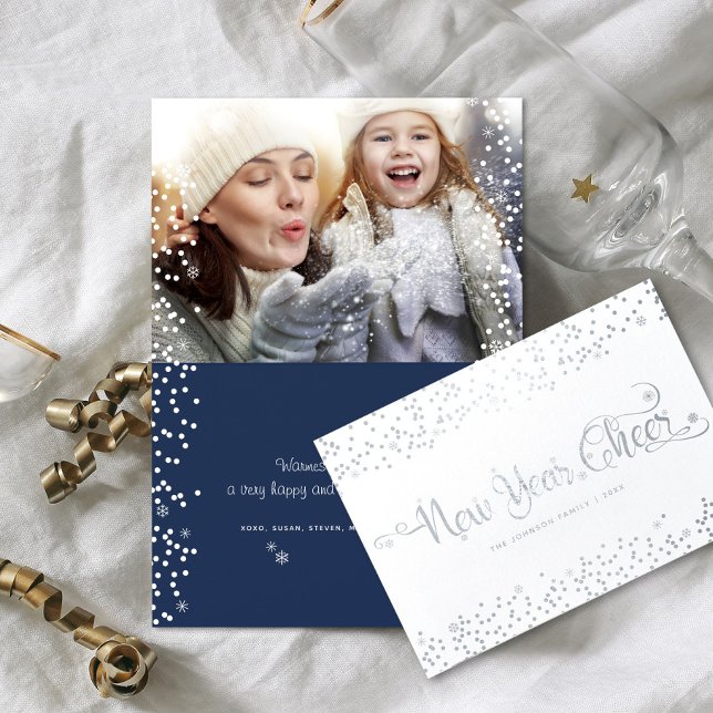 New Year Cheer Photo Snöflingor Script Navy Silver Folierat Kort (Skapare uppladdad)