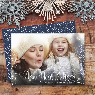 New Year Cheer Photo White Snöflingor-skript - mar Julkort