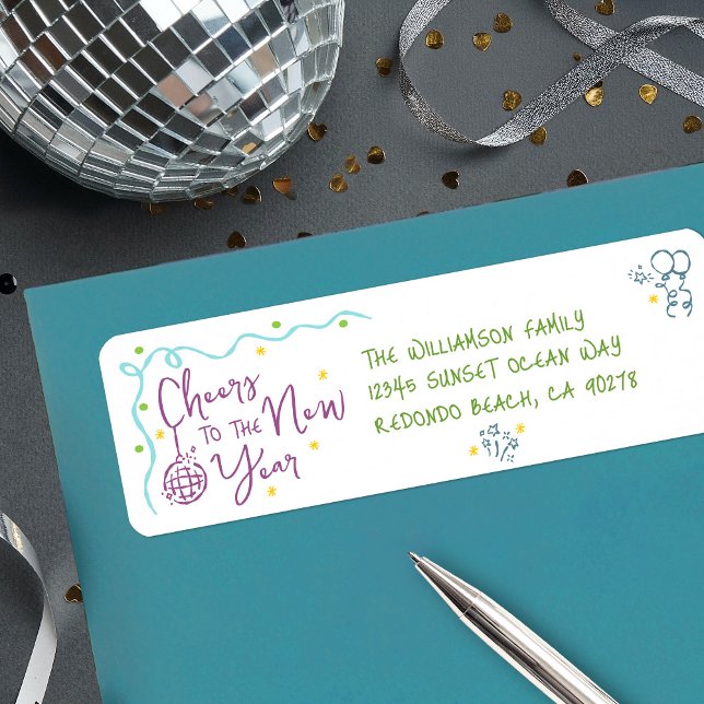 New Year Cheer Teal Purple Green Doodles Address Returadress Etikett (Skapare uppladdad)