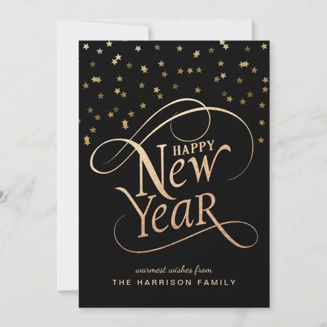 New Year Elegant Script Black Guld Julkort (Framsida)