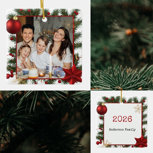 New year Frame with Red Star  Photo Family 2026 Julgransprydnad Keramik (Skapare uppladdad)