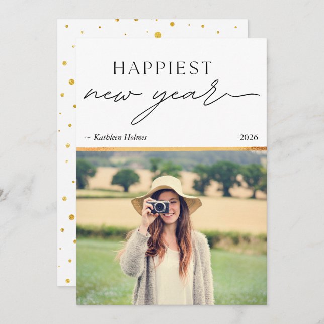 New Year Gold Photo Simple Holiday Card (Fram/baksida)