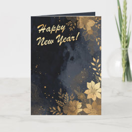 New Year Golden Flowers In Blue Strokes Kort