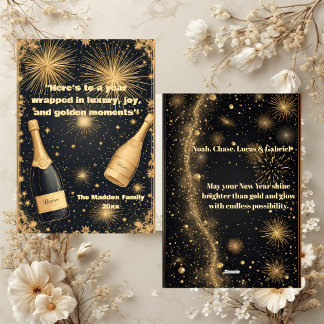 New Year Midnight Gold Champagne Fountain Glimmers Julkort