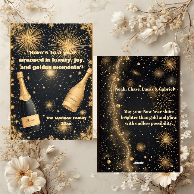 New Year Midnight Gold Champagne Fountain Glimmers Julkort (New Year Midnight Gold Champagne Fountain Glimmers Holiday Card)