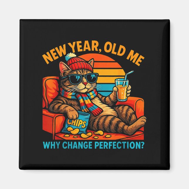 New Year Old Me Funny Cat Retro Lazy Meme Gift  Magnet (Framsidan)