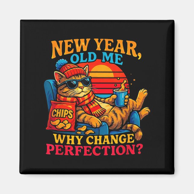 New Year Old Me Funny Cat Retro Lazy Meme Gift  Magnet (Framsidan)