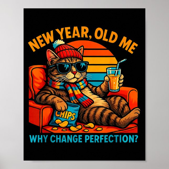 New Year Old Me Funny Cat Retro Lazy Meme Gift  Poster (Framsidan)