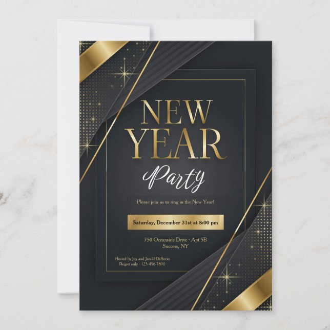 New Year Party Invitation Black and Gold Inbjudningar (Framsida)