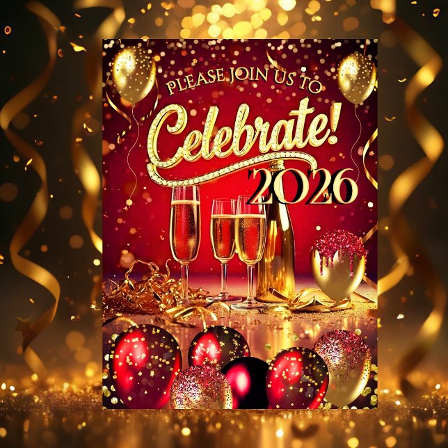New Year’s Eve Party Red Gold Champagne Streamers Inbjudningar (Skapare uppladdad)