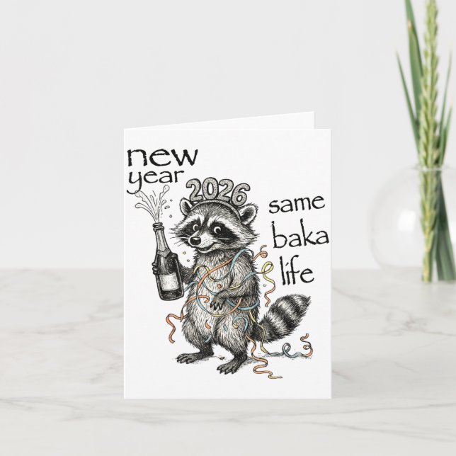New Year Same Baka Life Funny Raccoon New Year's E Kort (Framsida)