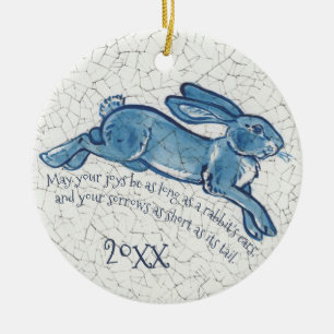 New Years Blue White Rabbit Bunny Delft Dedham Julgransprydnad Keramik