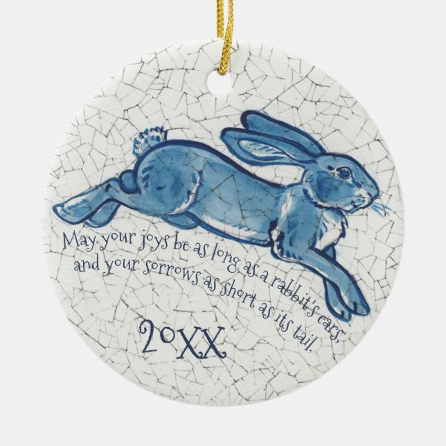 New Years Blue White Rabbit Bunny Delft Dedham Julgransprydnad Keramik (Framsidan)