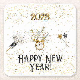 New Years Clock, Streamers, Stars, Rosett band Underlägg Papper Kvadrat