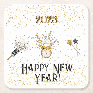 New Years Clock, Streamers, Stars, Rosett band Underlägg Papper Kvadrat
