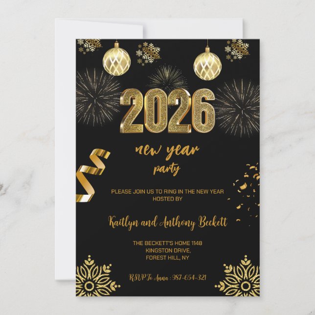 New Year's Eve Party Black & Gold Balloon Confetti Inbjudningar (Framsida)