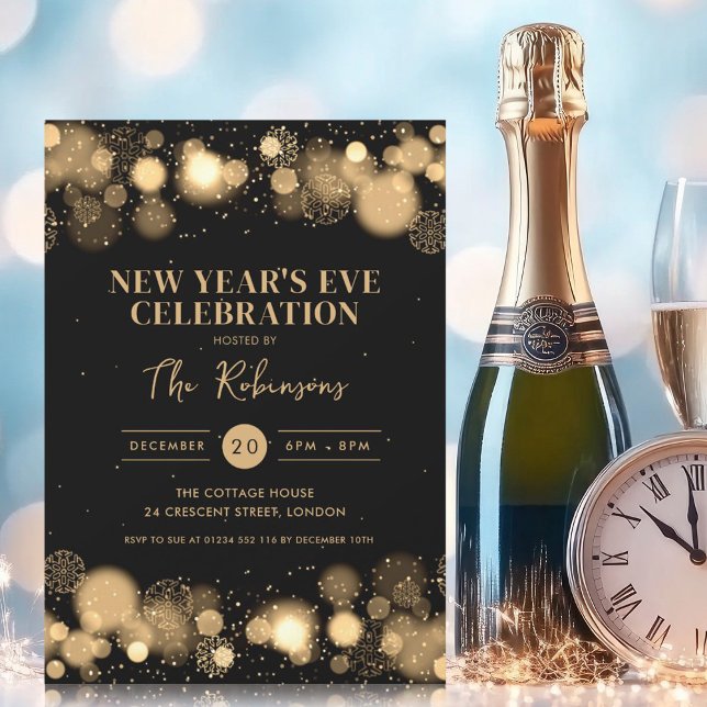 New Years Eve Party Gold Black Winter Wonder Inbjudningar (New Years Eve Party Gold Black Winter Wonder Invitation)