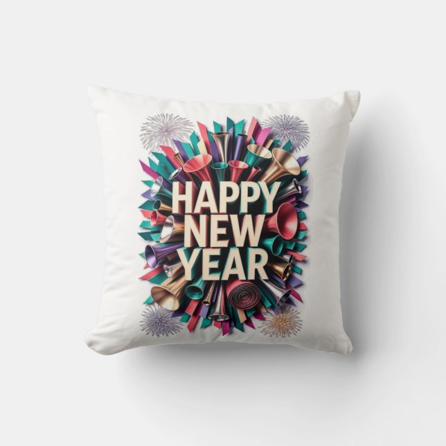 New Year's Party Horn T-Shirt, Confetti Burst Kudde (Framsida)