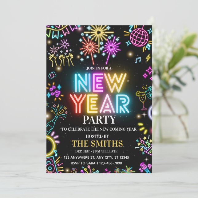 New Years Party invite, Glow NYE invitation Inbjudningar (Stående Fram)