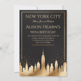 New York 90-års födelsedagsinbjudan i guld och sva Inbjudningar