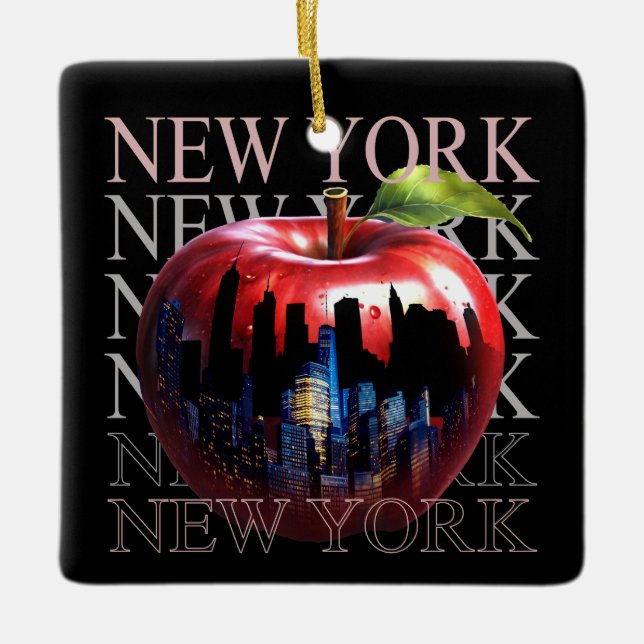 New York, Big Apple Fruit Silhouette City Julgransprydnad Keramik (Framsida)