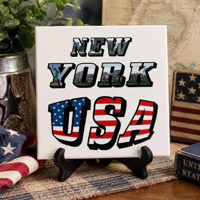 New York Bild och USA Flagga Text Kakelplatta (New York Picture and USA Flag Text Tile)