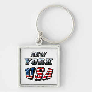 New York Bild och USA Text Fyrkantig Silverfärgad Nyckelring