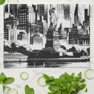 New York Black and White Kökshandduk
