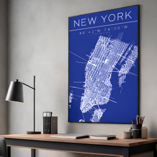 New York Blueprint Kartposter Koordinater Väggkons Fototryck
