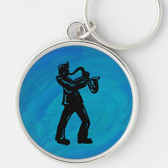New York Boogie Nights Saxophone Blue Rund Silverfärgad Nyckelring (Framsidan)