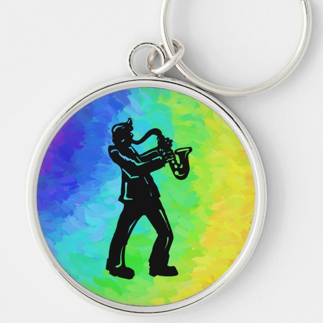 New York Boogie Nights Saxophone Rainbow Rund Silverfärgad Nyckelring (Framsidan)