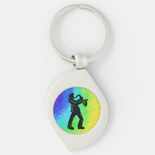 New York Boogie Nights Saxophone Rainbow Swirl Silverfärgad Nyckelring (Framsidan)