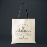 New York Bröllop | Stylized Skyline Tygkasse<br><div class="desc">En unik väska bröllop för ett bröllop som tar ställe i den vackra staden/staten New York. Det här tecknet illustrerar stadens unika skylt med namn under. Detta följs av information om bröllopsdagen i ett matchande öppet,  invändigt stil.</div>