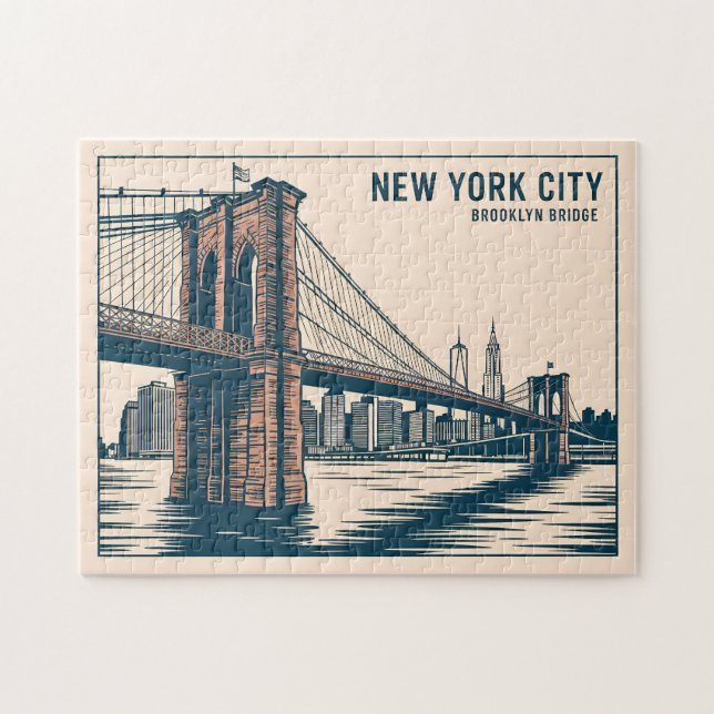 New York Brooklyn Bridge Skyline Bold Retro Travel Pussel (Horisontell)