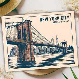 New York Brooklyn Bridge Skyline Bold Retro Travel Vykort