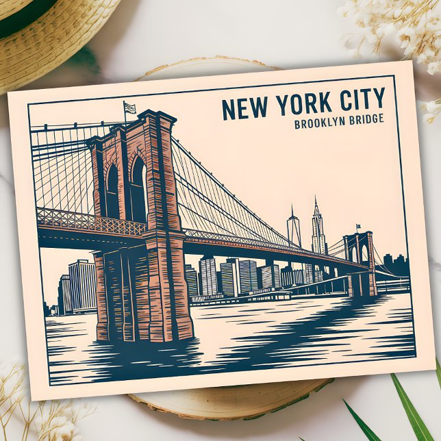New York Brooklyn Bridge Skyline Bold Retro Travel Vykort (New York Brooklyn Bridge Skyline Bold Retro Travel Postcard)