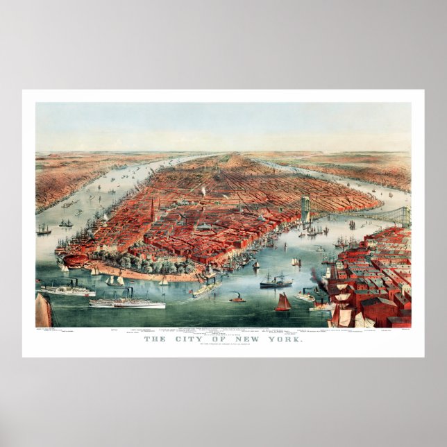 New York City, 1870 Birds Öga View Karta Print Poster (Framsidan)